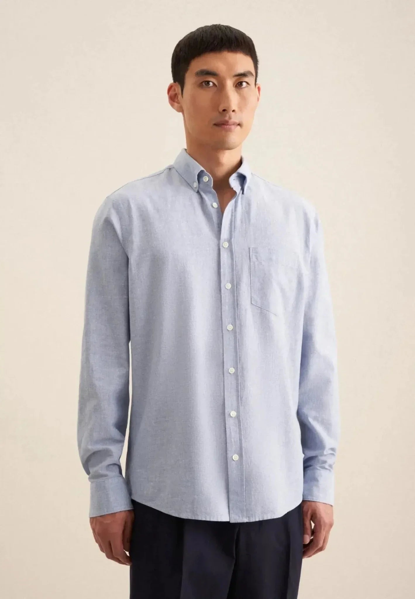 Seidensticker Regular Fit Button Down Linen Blend Chambray Shirt Light Blue – Tailored Menswear | Malford of London