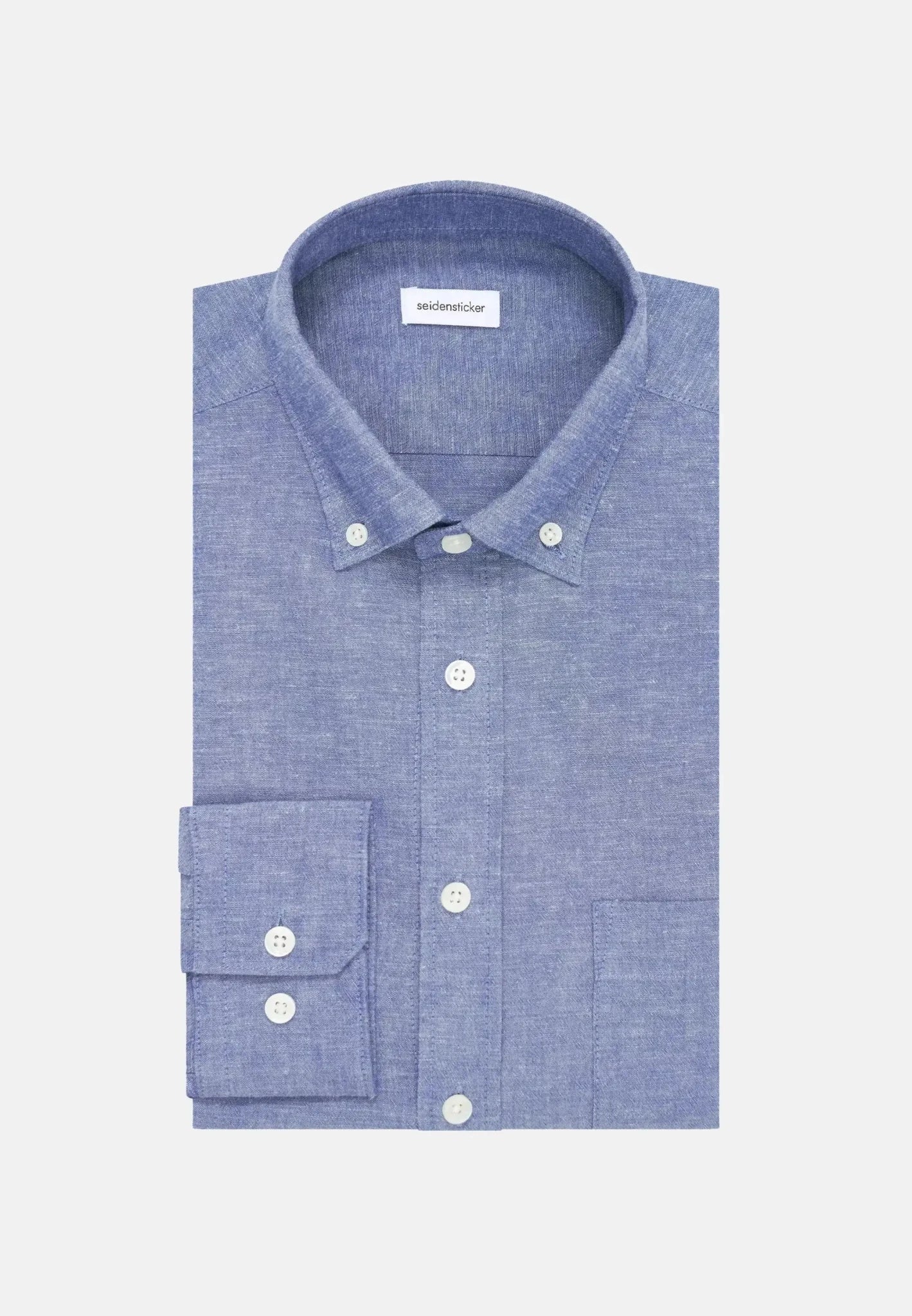 Seidensticker Slim Fit Button Down Linen Blend Chambray Shirt Mid Blue – Tailored Menswear | Malford of London