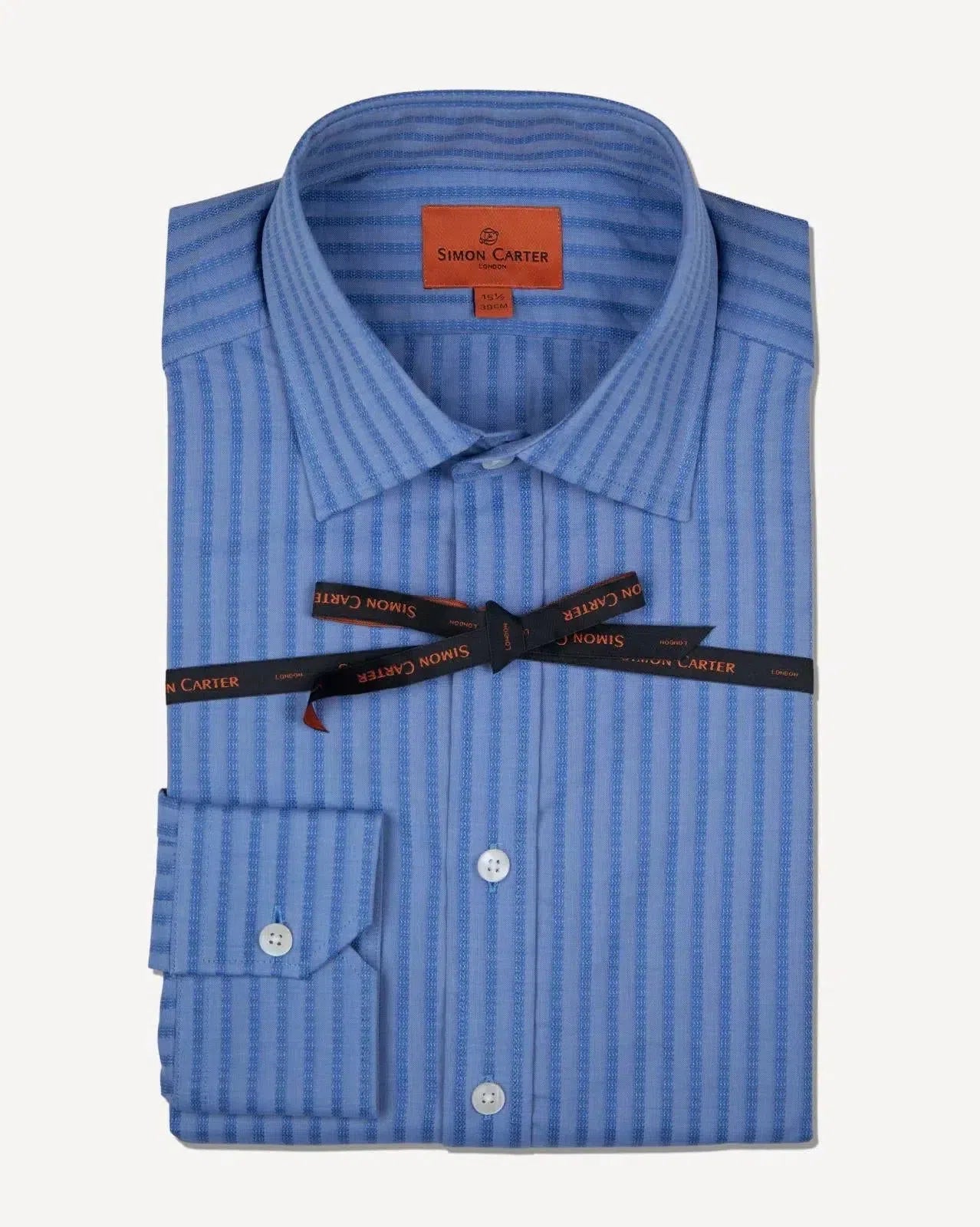 Simon Carter Tailored Fit Textured Stripe Shirt Blue – Savile Row Menswear Outlet | Malford of London