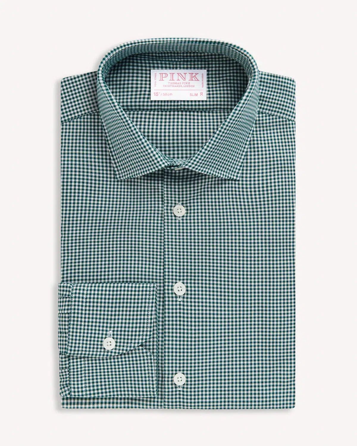 Thomas Pink Slim Fit Formal Micro Gingham Check Shirt Green/White